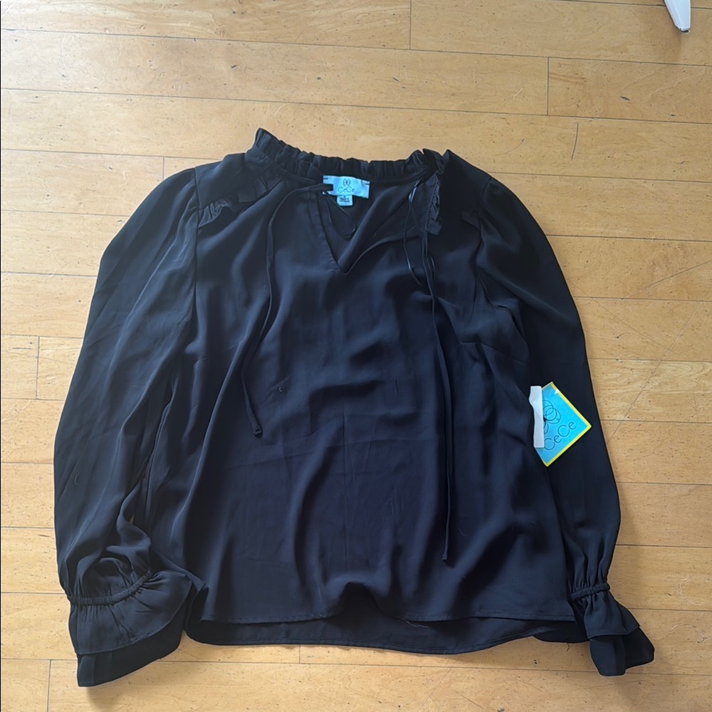 CeCe Black Long Sleeve Relaxed Blouse with Mandarin Collar